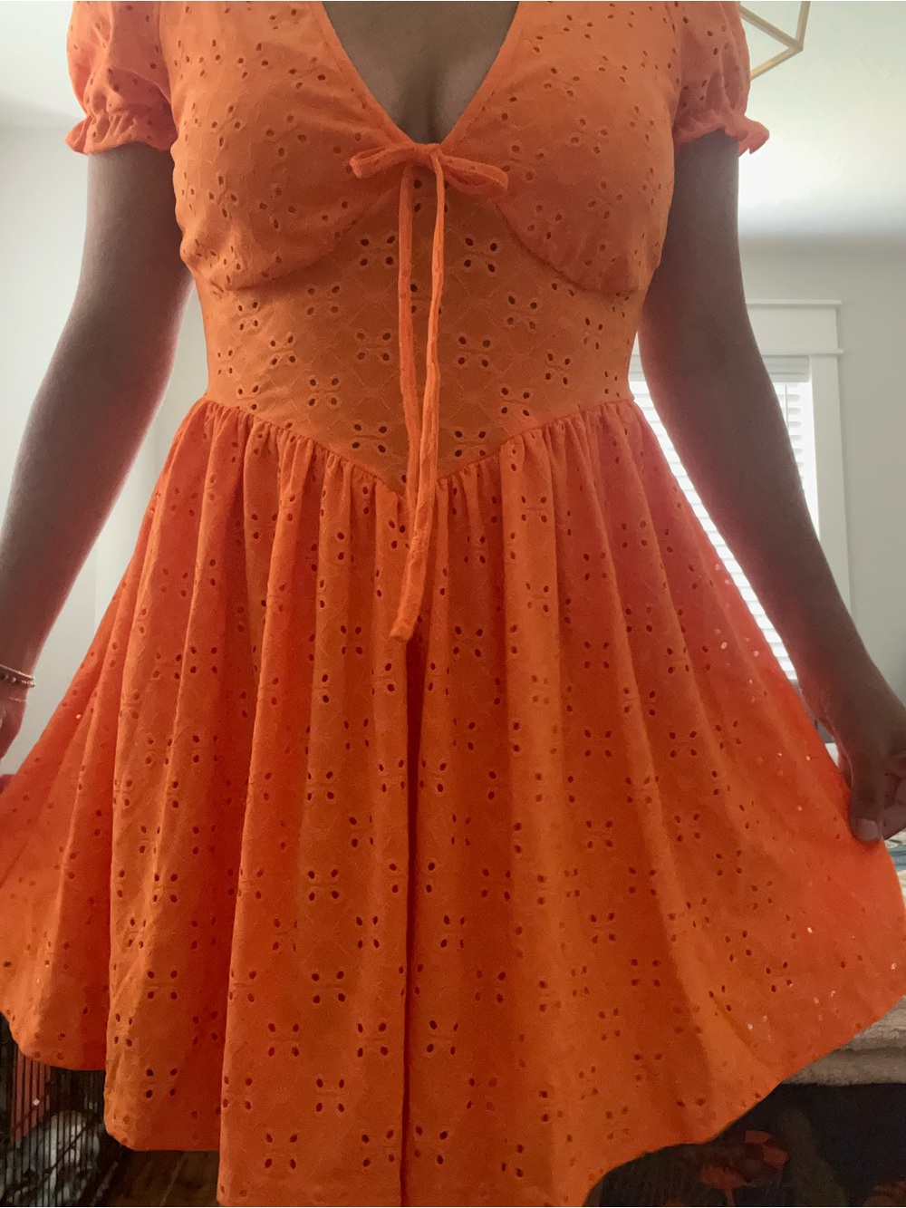 Orange Eyelet Tie-Front Dress